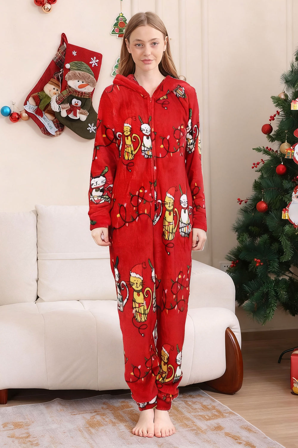 Red Long Sleeve Cat Pattern Hoooded Matching Family Pajamas