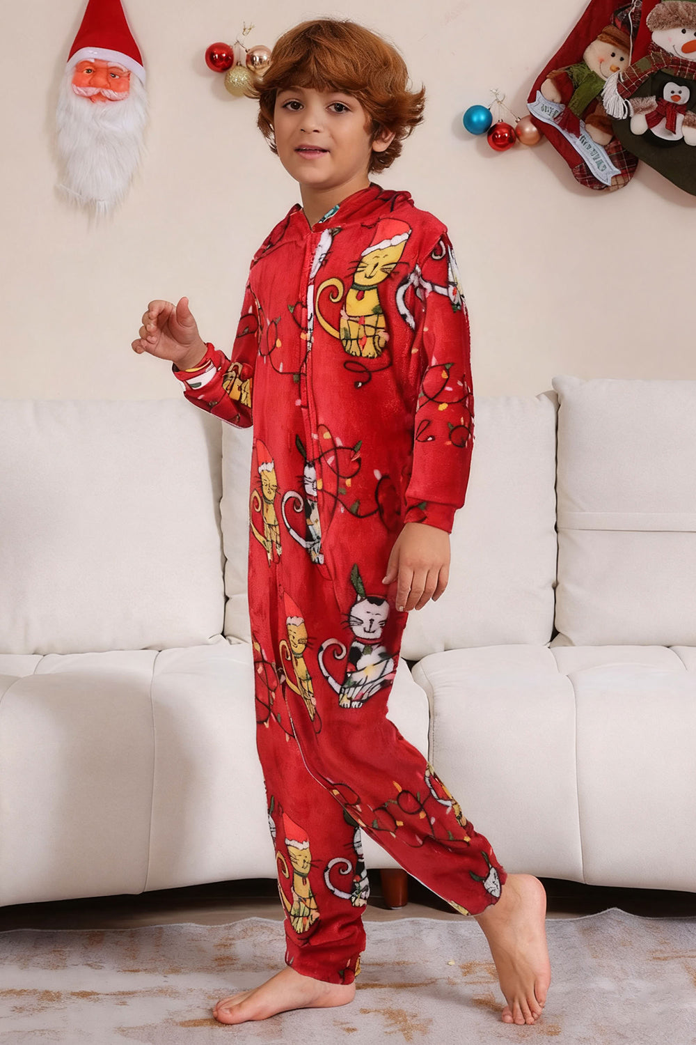 Red Long Sleeve Cat Pattern Hoooded Matching Family Pajamas