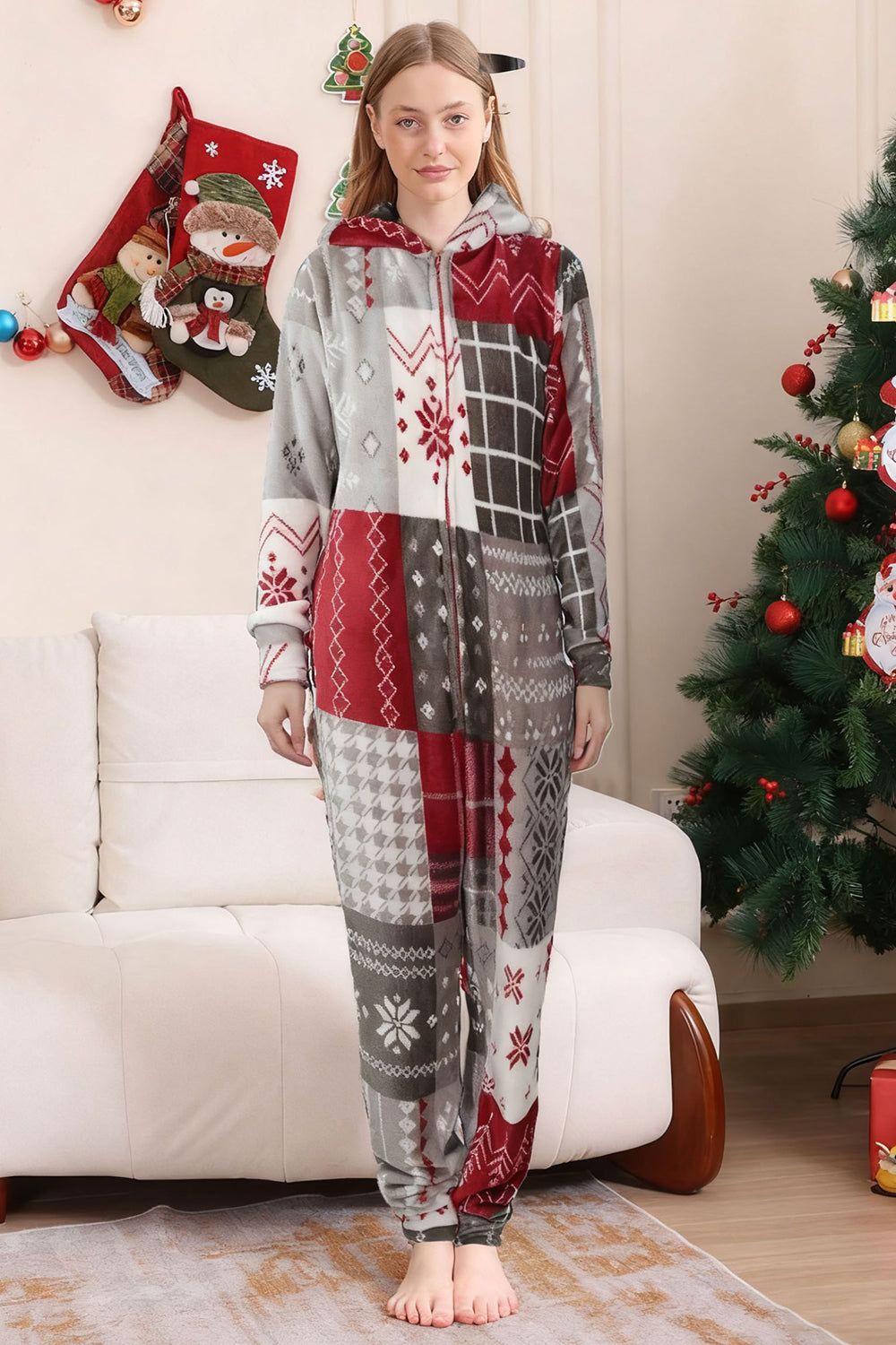 Grey Red One Piece Snowflake Printed Matching Family Pajamas