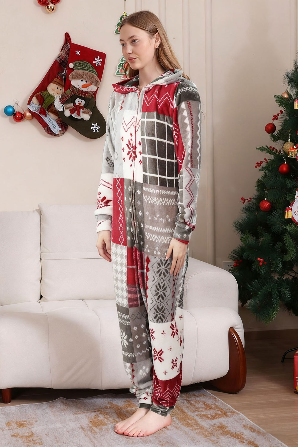 Grey Red One Piece Snowflake Printed Matching Family Pajamas