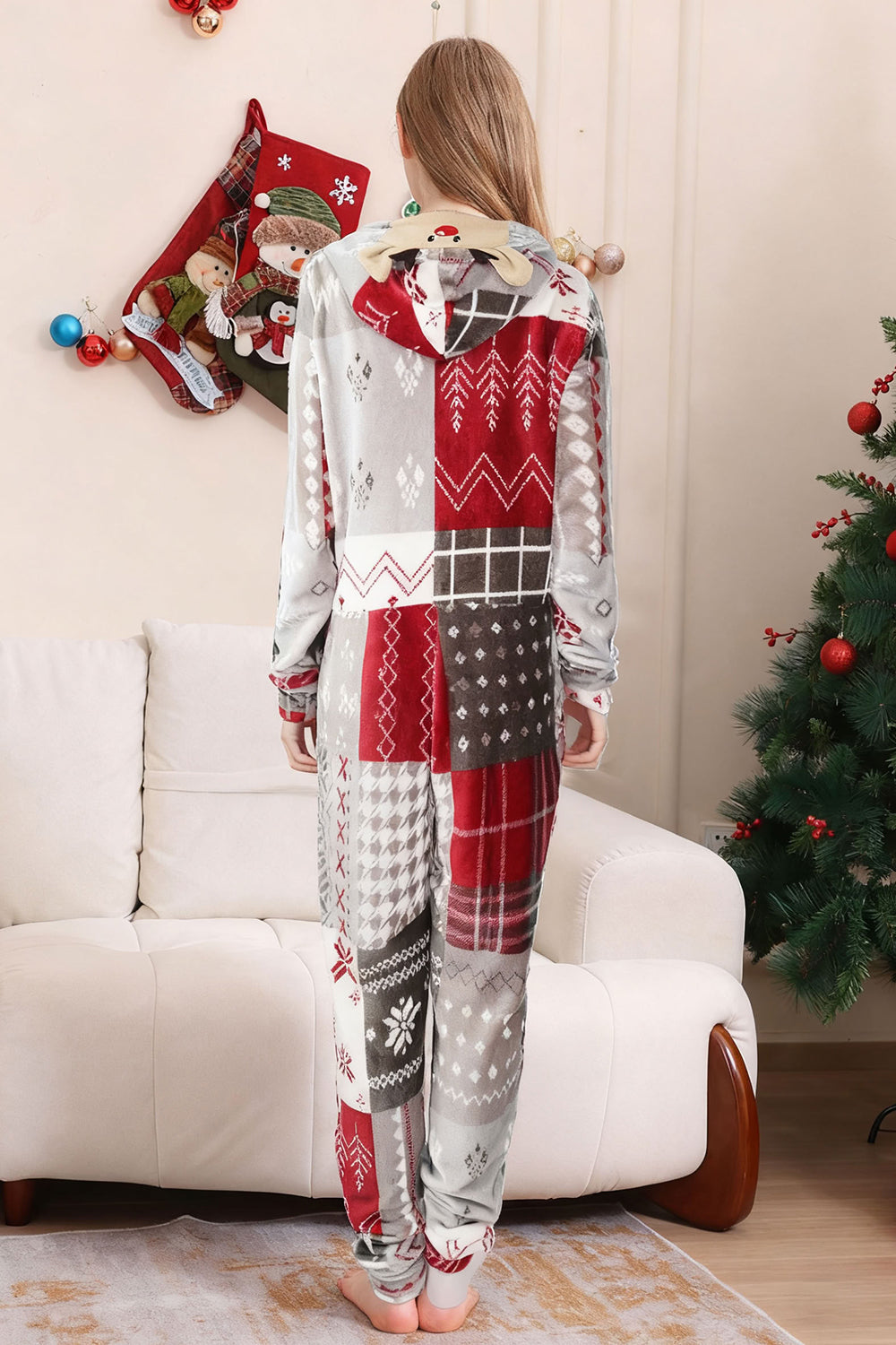 Grey Red One Piece Snowflake Printed Matching Family Pajamas