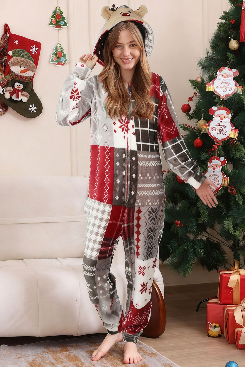 Grey Red One Piece Snowflake Printed Matching Family Pajamas