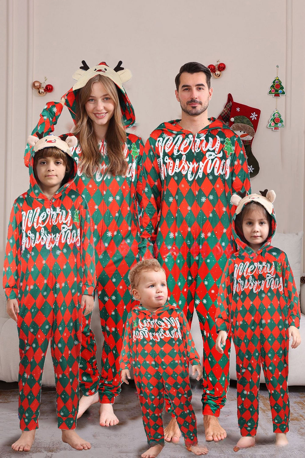 Green Red One Piece Snowflake Printed Plaid Matching Family Pajamas