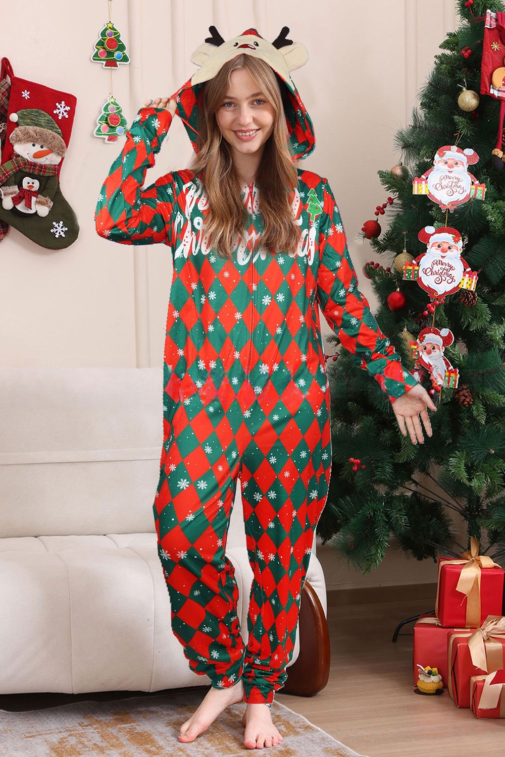 Green Red One Piece Snowflake Printed Plaid Matching Family Pajamas