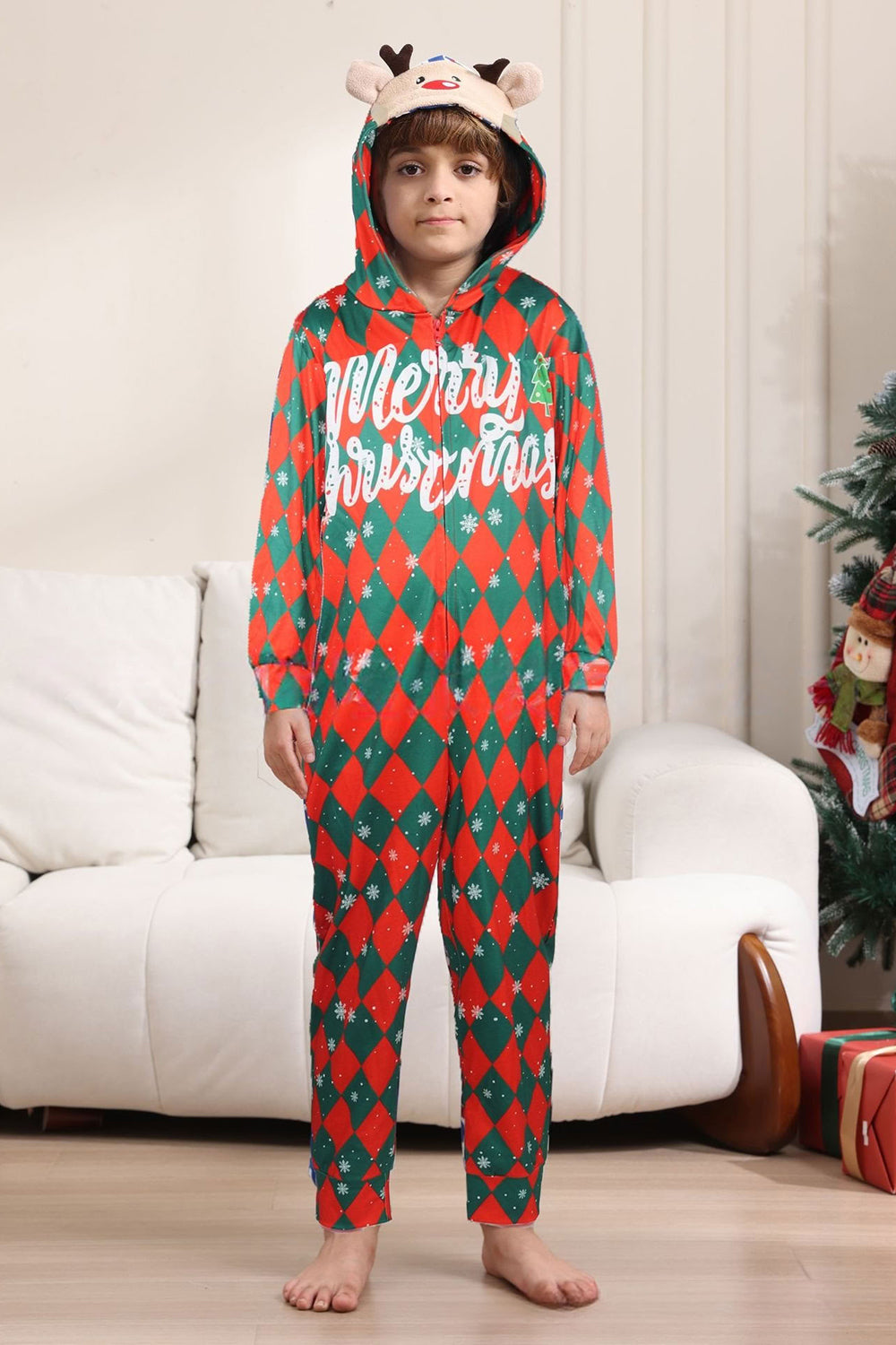 Green Red One Piece Snowflake Printed Plaid Matching Family Pajamas