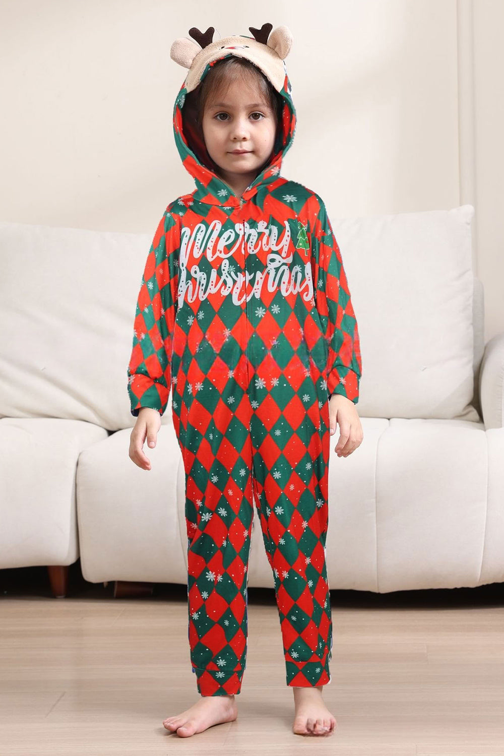 Green Red One Piece Snowflake Printed Plaid Matching Family Pajamas