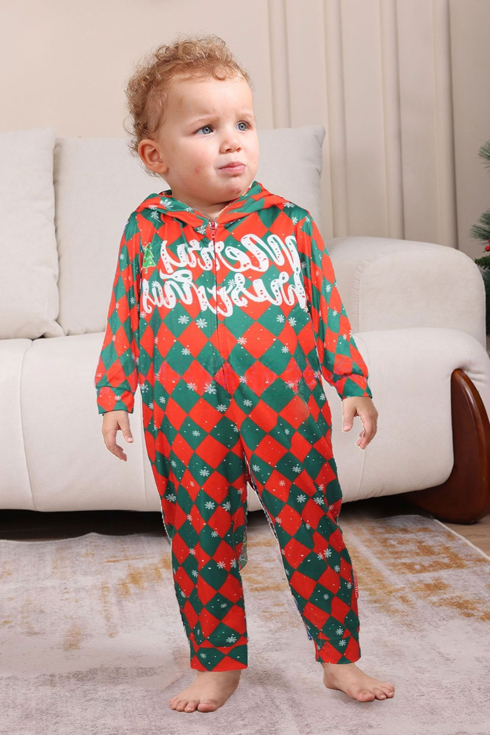 Green Red One Piece Snowflake Printed Plaid Matching Family Pajamas
