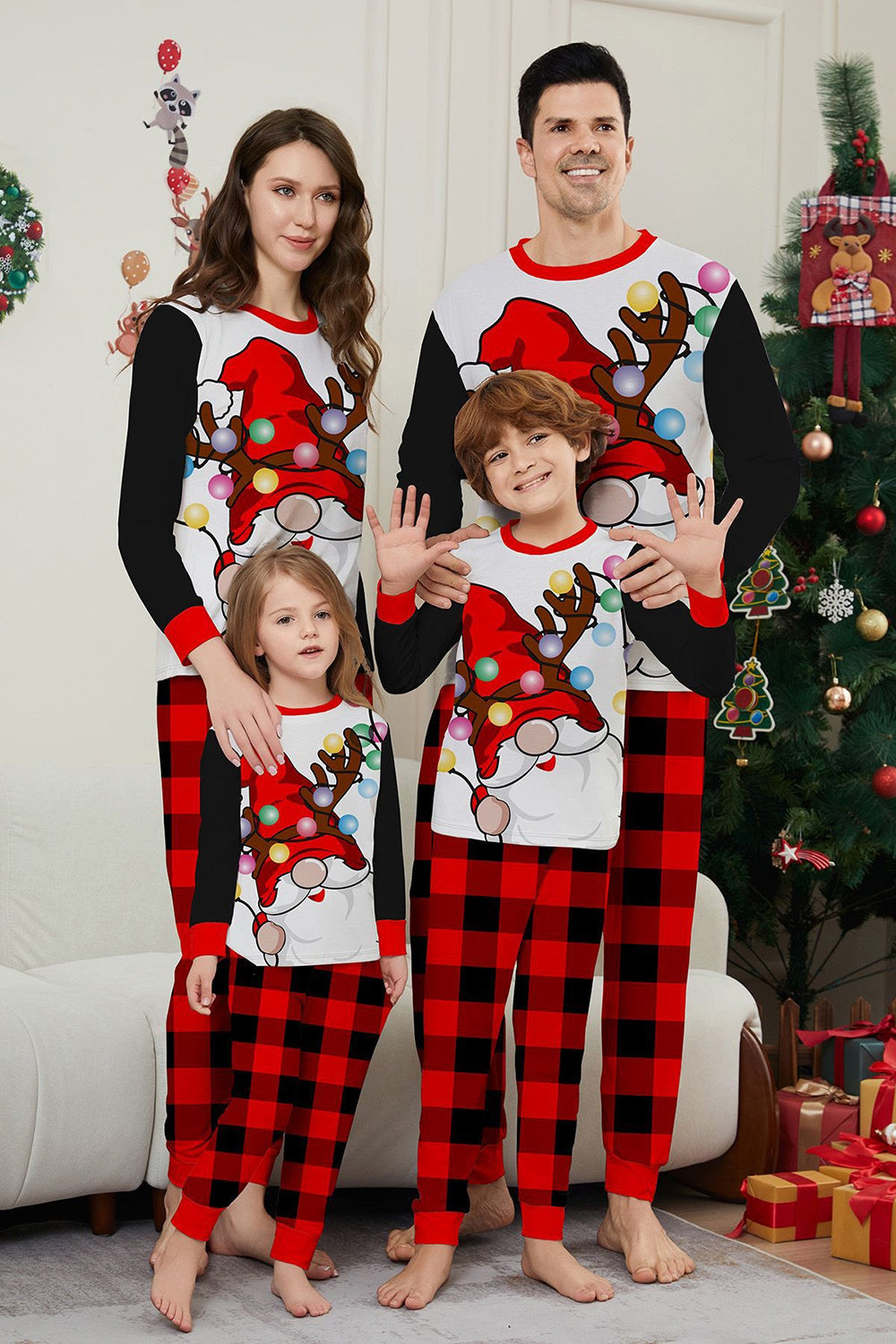 Black Red Long Sleeve Plaid Pants Christmas Pajamas Set