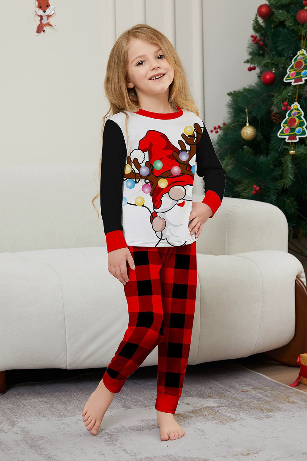 Black Red Long Sleeve Plaid Pants Christmas Pajamas Set