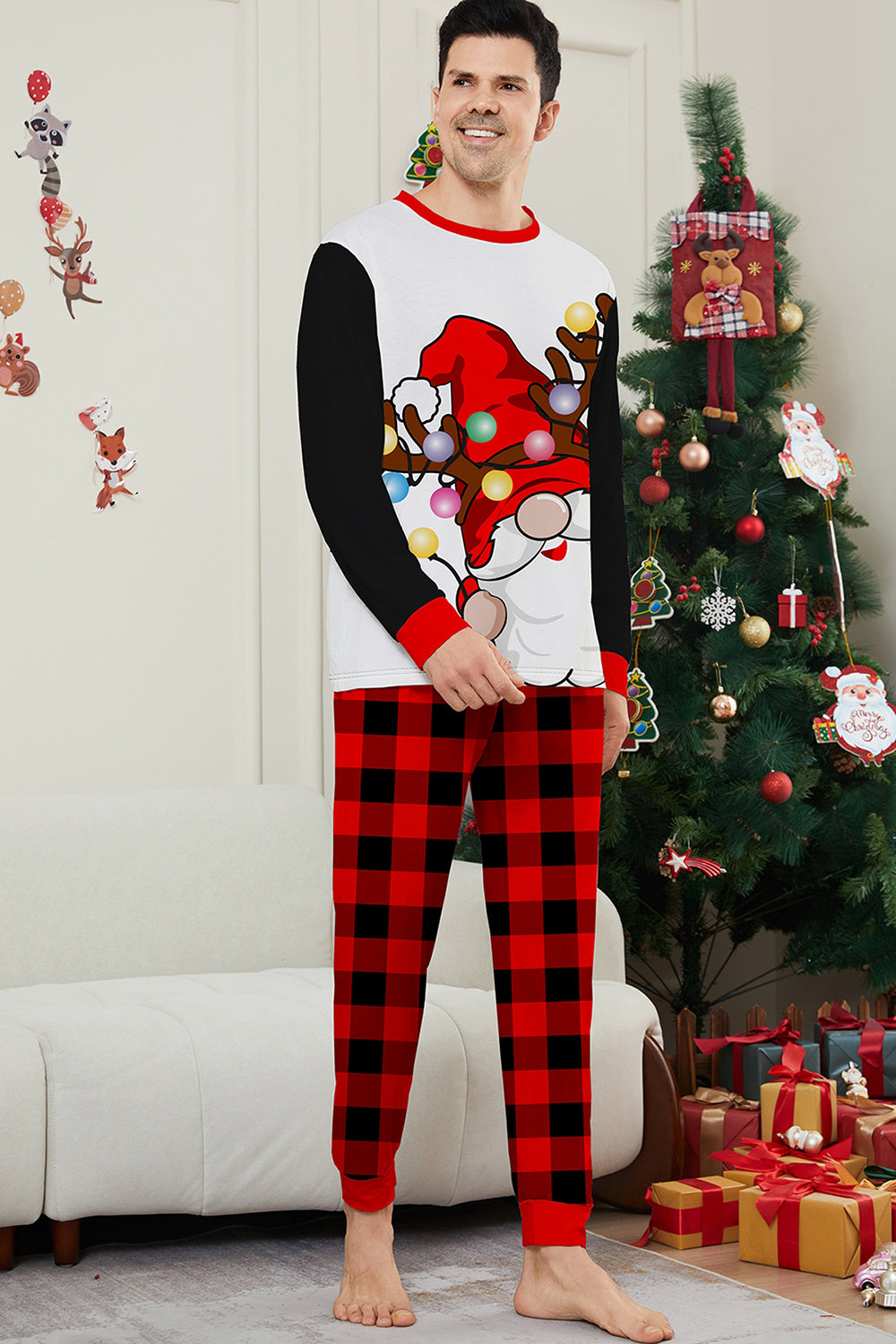 Black Red Long Sleeve Plaid Pants Christmas Pajamas Set