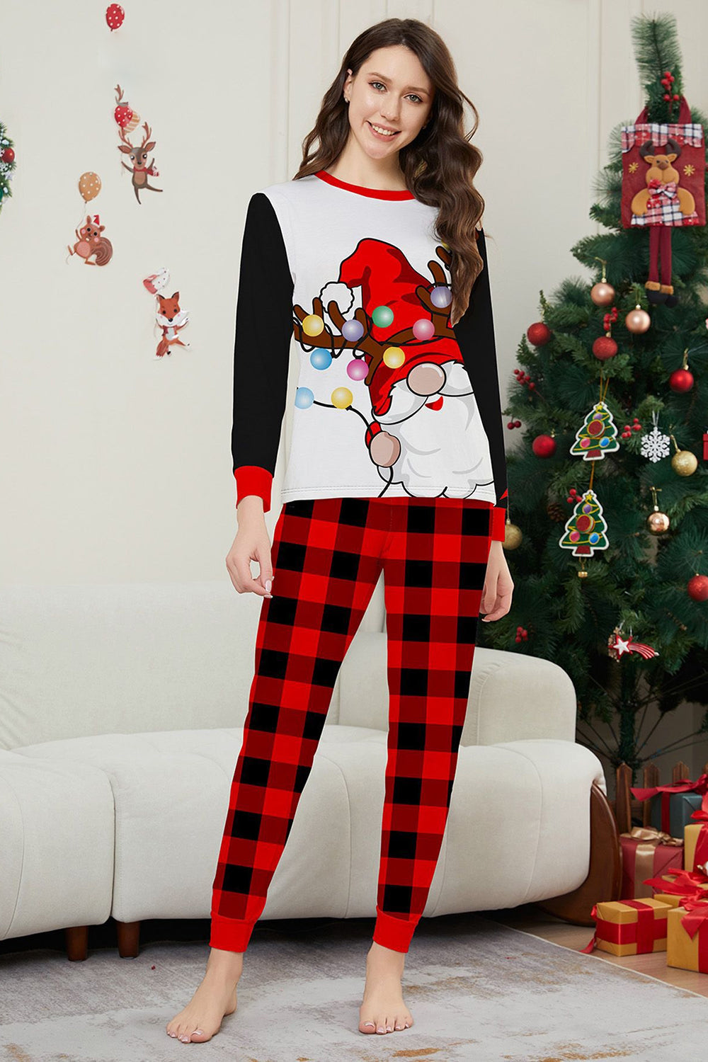 Black Red Long Sleeve Plaid Pants Christmas Pajamas Set