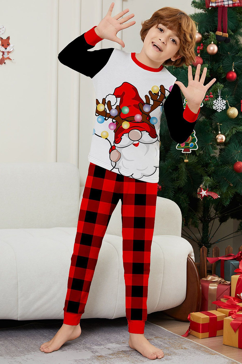 Black Red Long Sleeve Plaid Pants Christmas Pajamas Set
