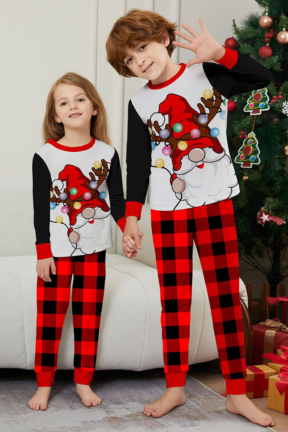 Black Red Long Sleeve Plaid Pants Christmas Pajamas Set