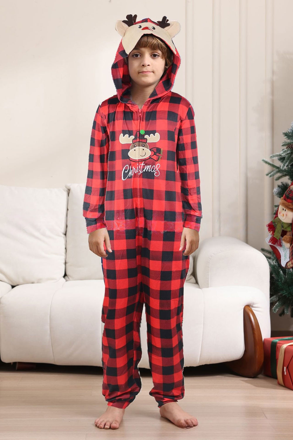 Red One Piece Deer Printed Plaid Matching Family Pajamas