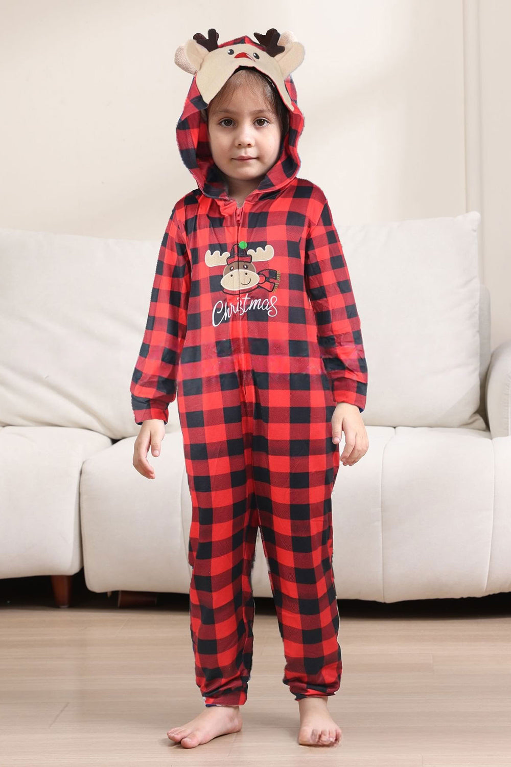 Red One Piece Deer Printed Plaid Matching Family Pajamas