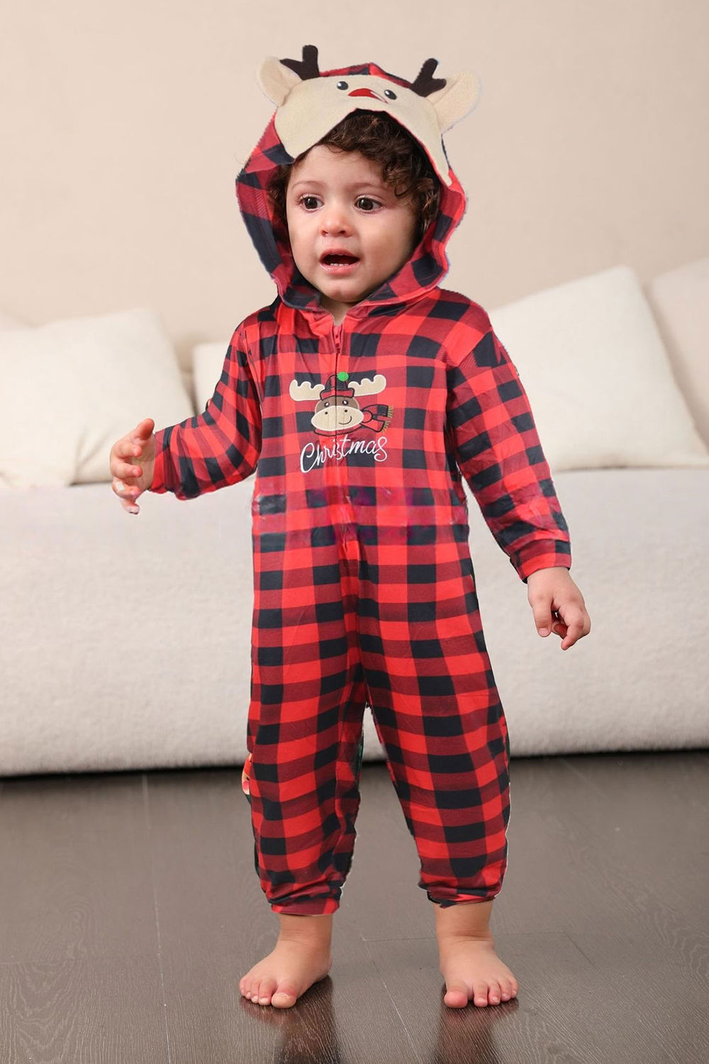 Red One Piece Deer Printed Plaid Matching Family Pajamas