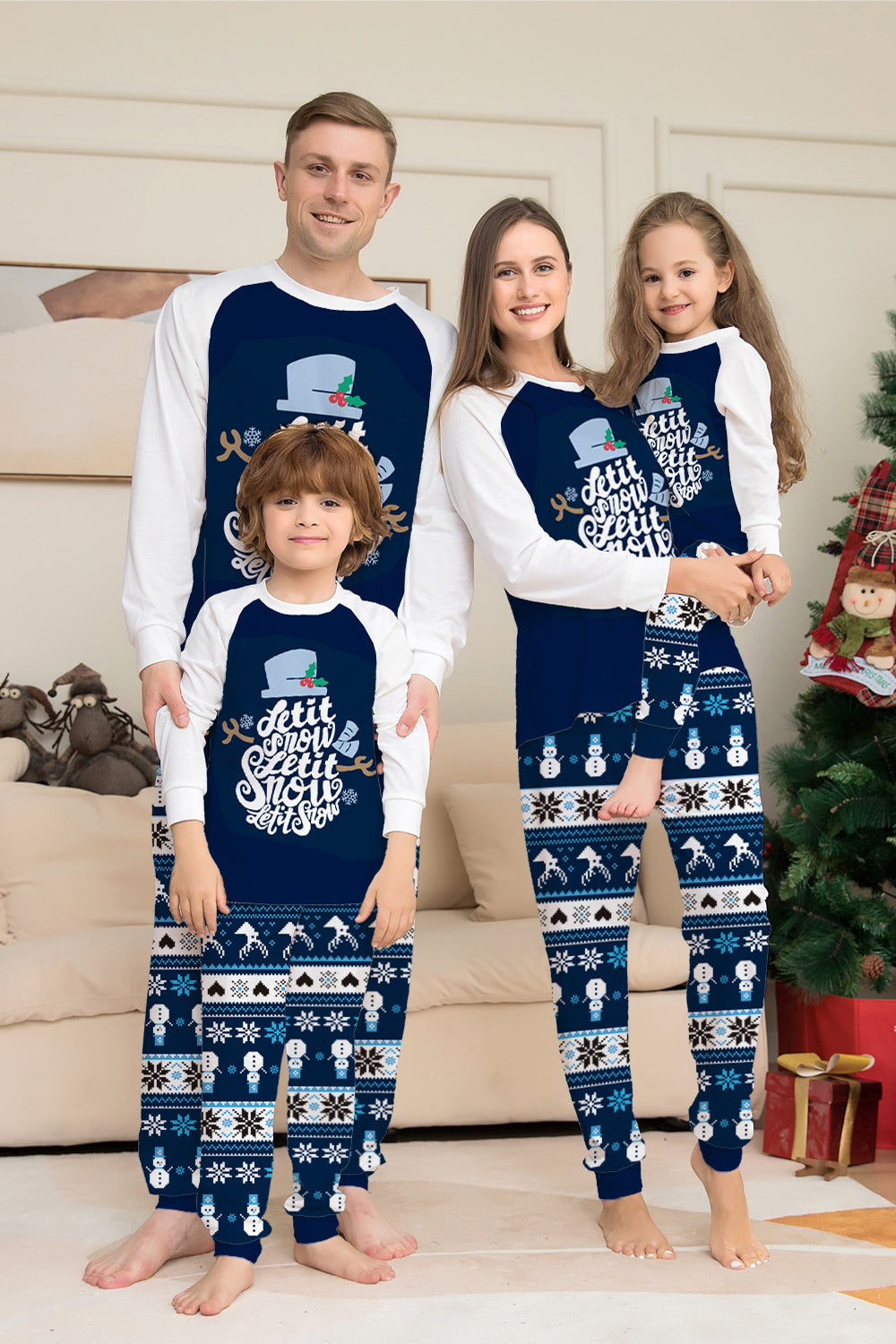 Dark Blue Long Sleeve Striped Pants Printed Christmas Pajamas Set