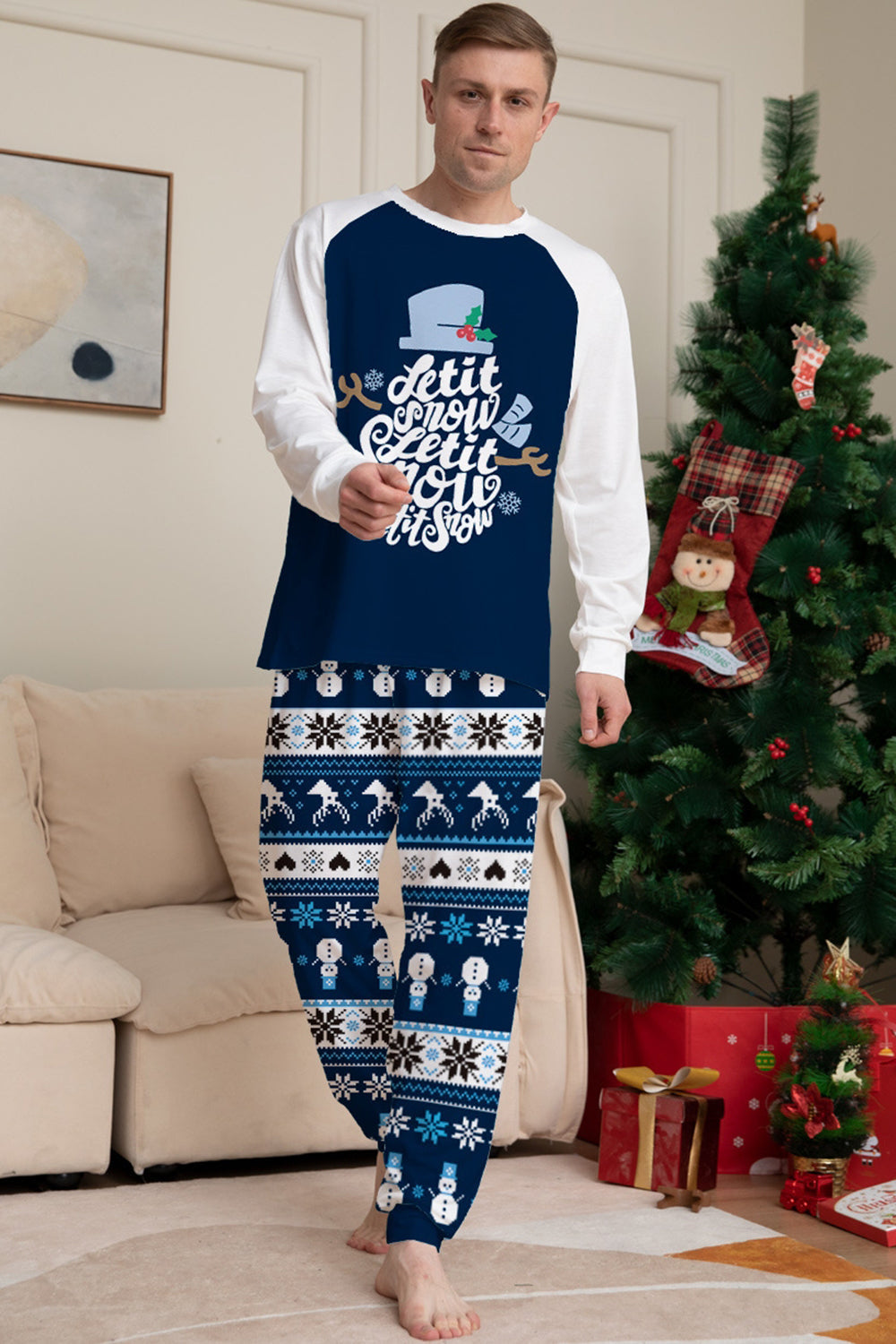 Dark Blue Long Sleeve Striped Pants Printed Christmas Pajamas Set