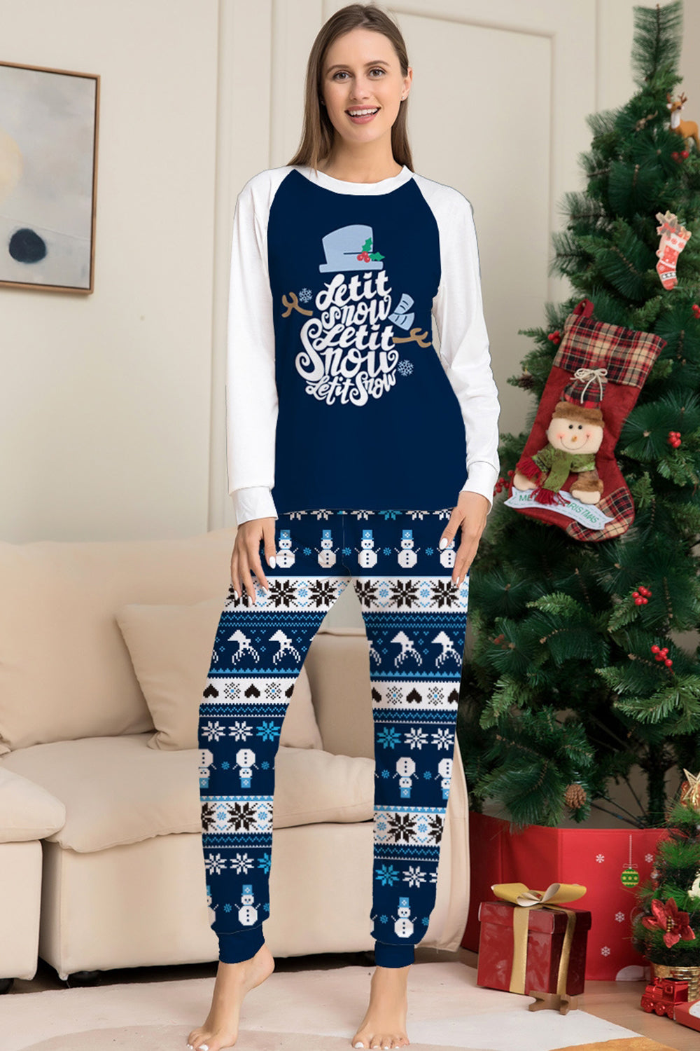 Dark Blue Long Sleeve Striped Pants Printed Christmas Pajamas Set