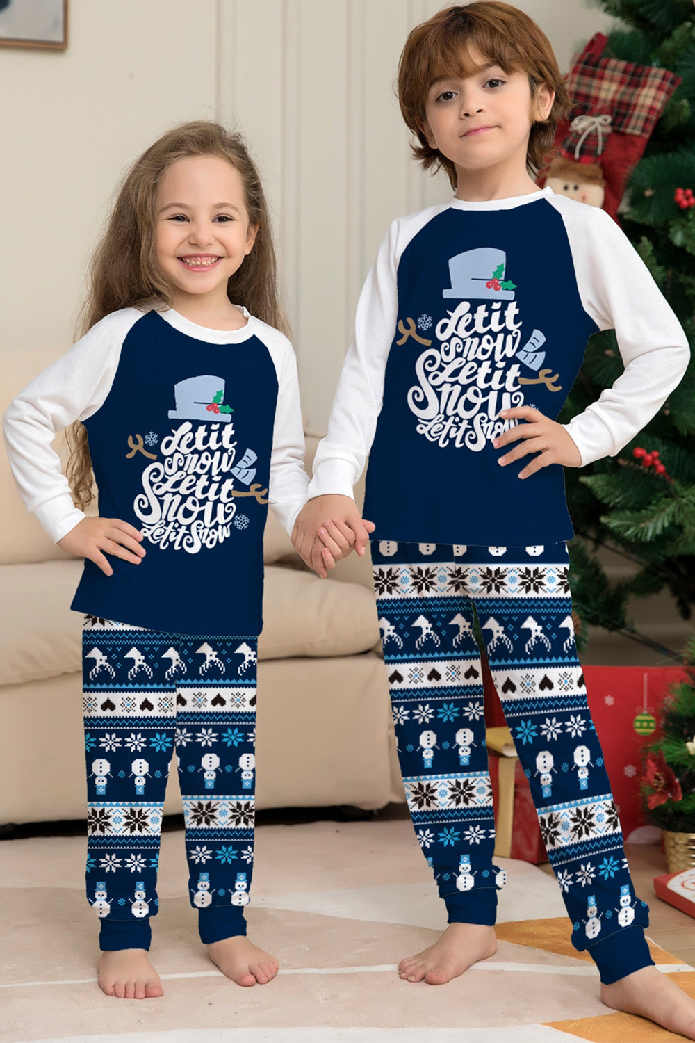 Dark Blue Long Sleeve Striped Pants Printed Christmas Pajamas Set