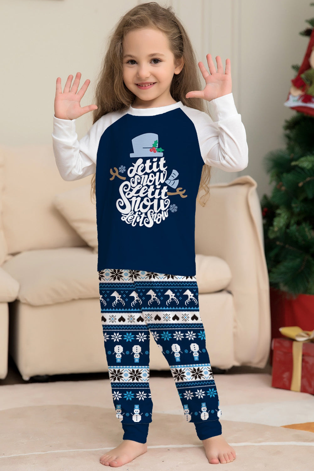 Dark Blue Long Sleeve Striped Pants Printed Christmas Pajamas Set