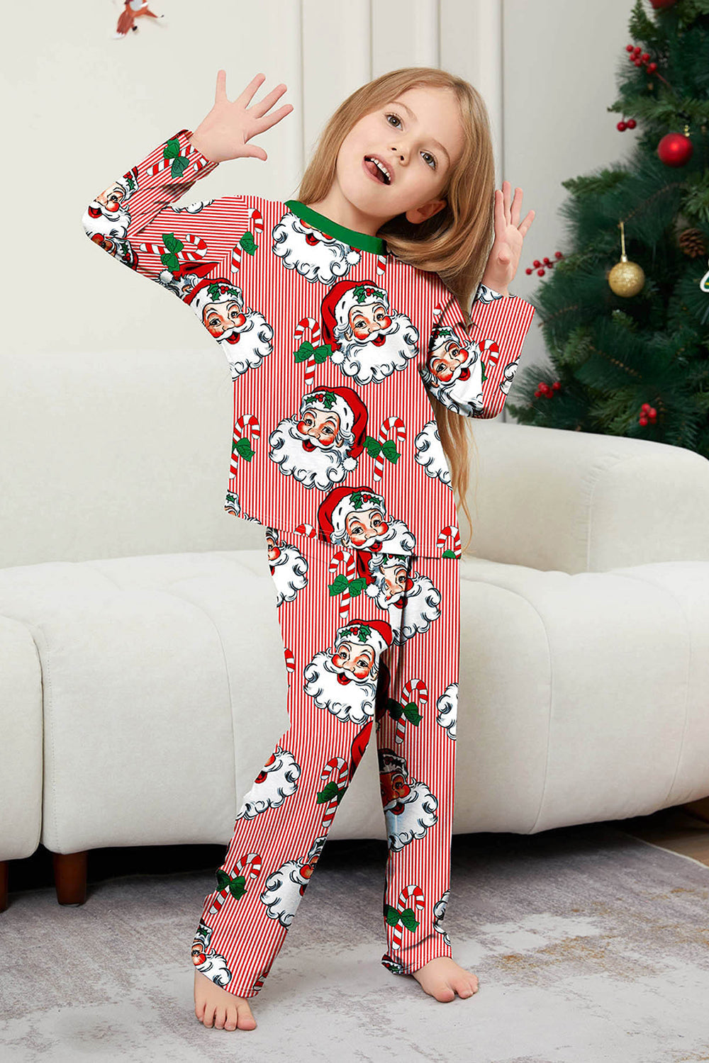Red Striped Long Sleeve Printed Christmas Pajamas Set