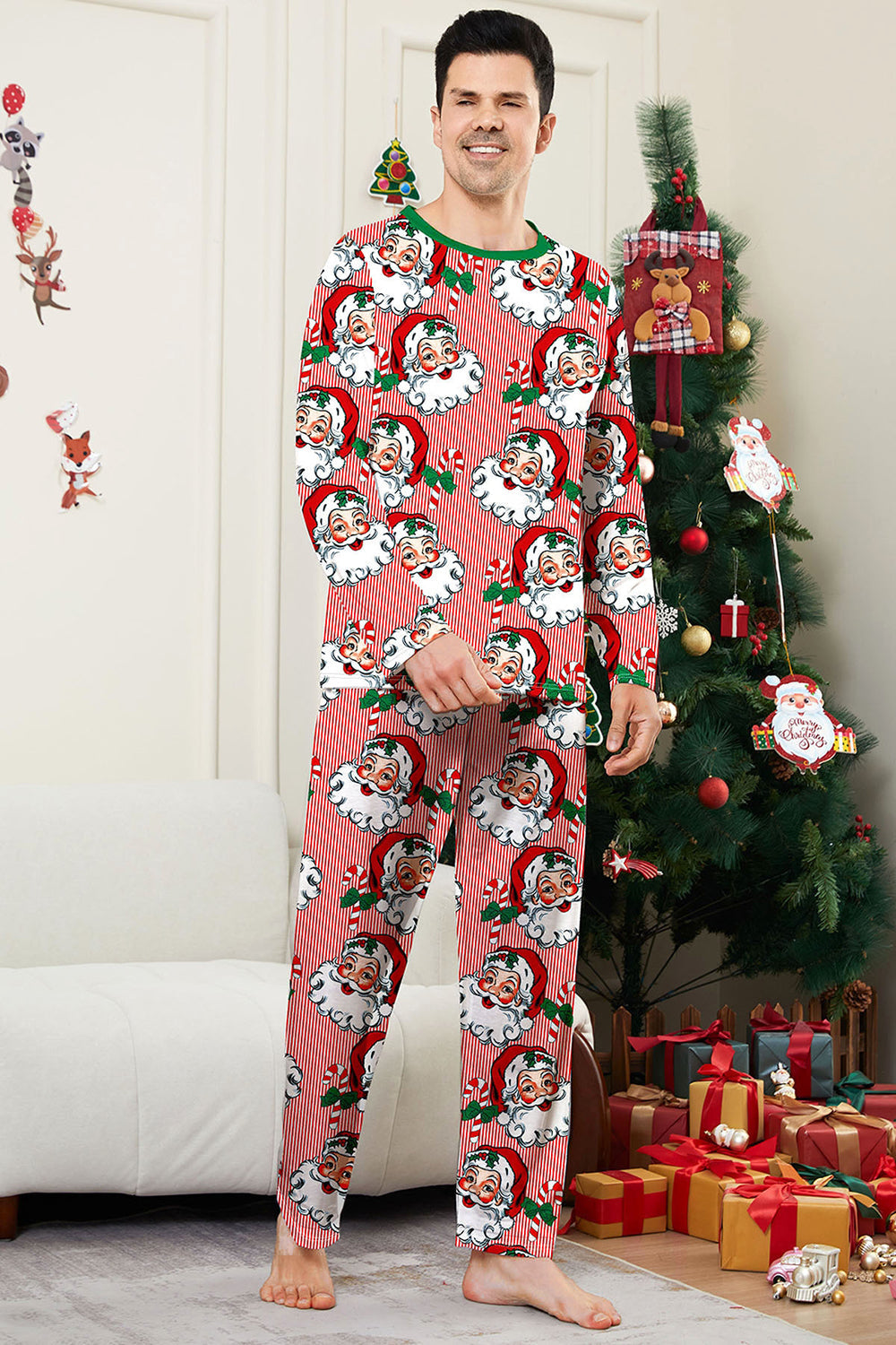 Red Striped Long Sleeve Printed Christmas Pajamas Set