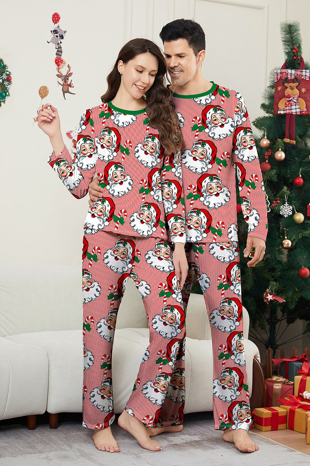 Red Striped Long Sleeve Printed Christmas Pajamas Set