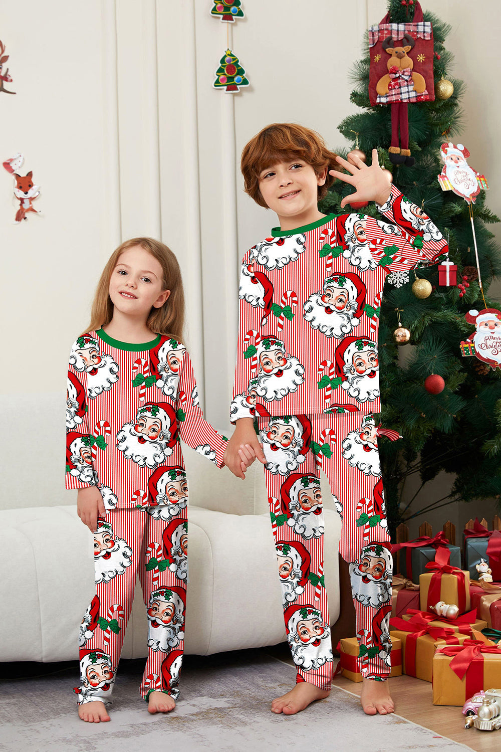 Red Striped Long Sleeve Printed Christmas Pajamas Set