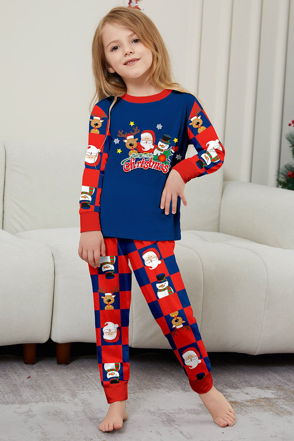 Dark Blue Plaid Pants Printed Long Sleeve Christmas Pajamas Set