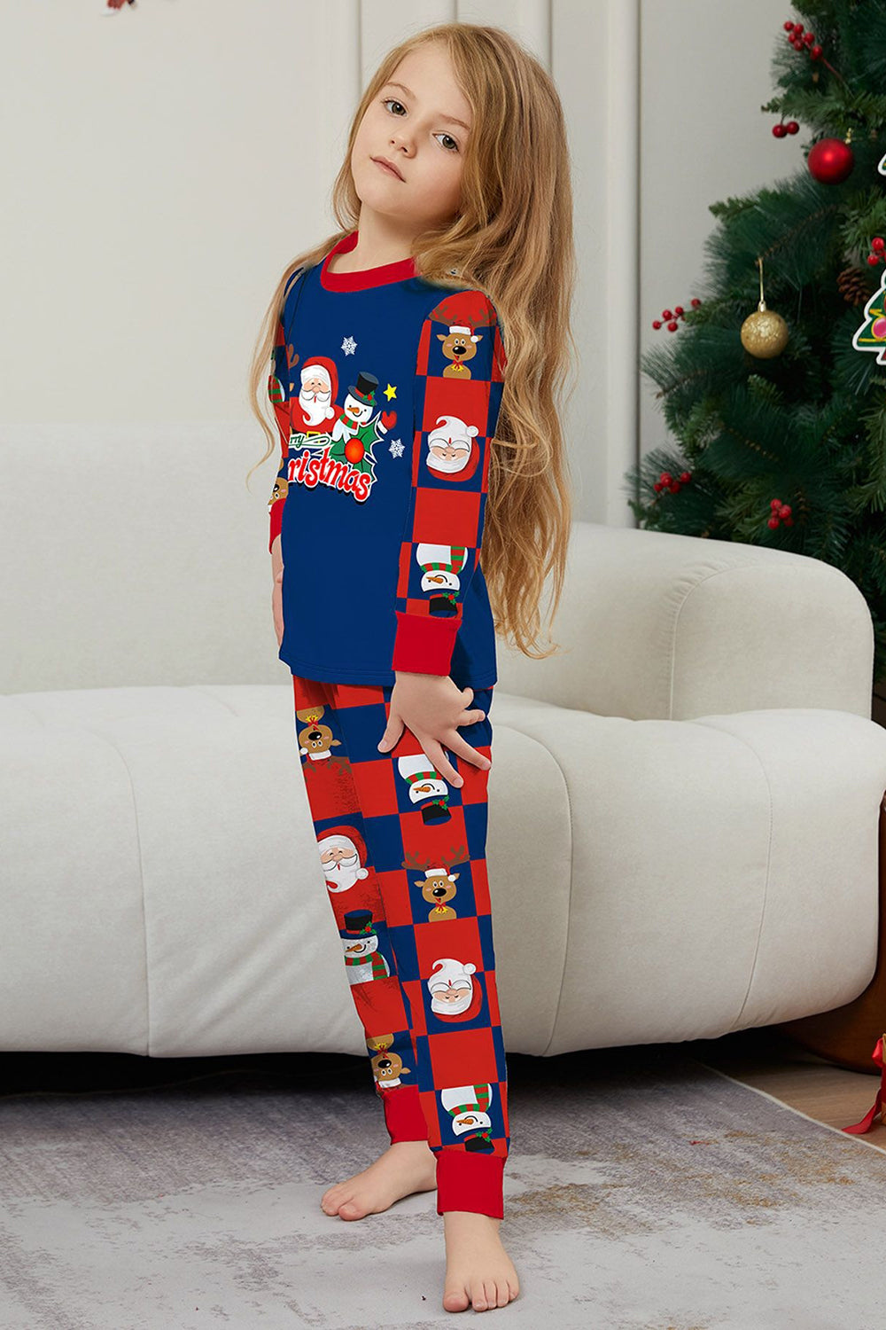 Dark Blue Plaid Pants Printed Long Sleeve Christmas Pajamas Set