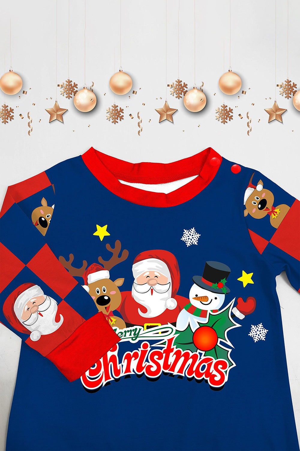 Dark Blue Plaid Pants Printed Long Sleeve Christmas Pajamas Set