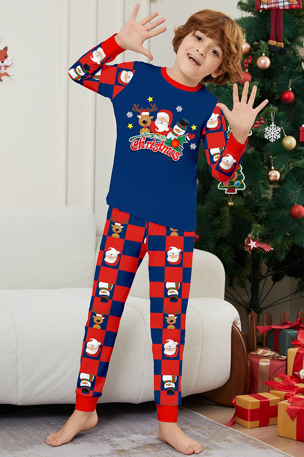 Dark Blue Plaid Pants Printed Long Sleeve Christmas Pajamas Set