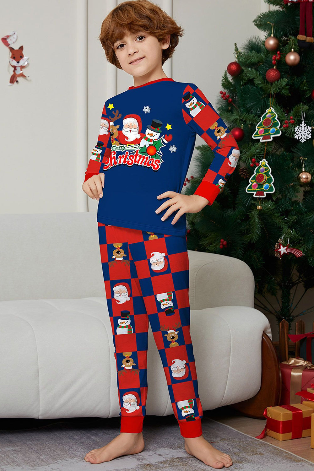 Dark Blue Plaid Pants Printed Long Sleeve Christmas Pajamas Set
