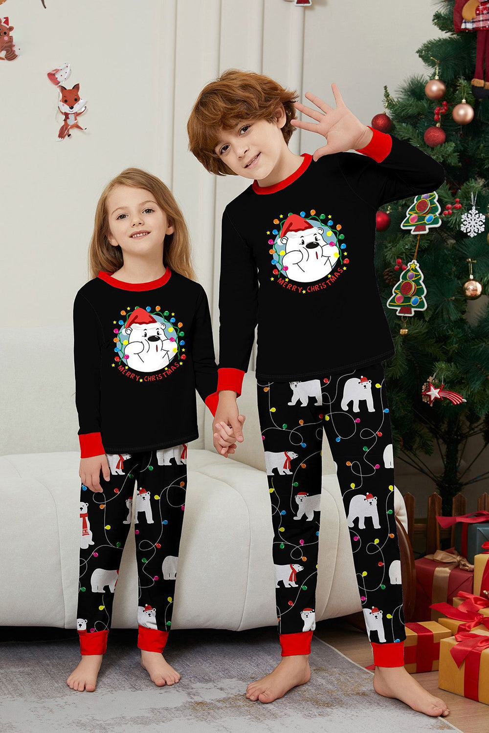 Black Long Sleeve Pear Pattern Matching Family Pajamas