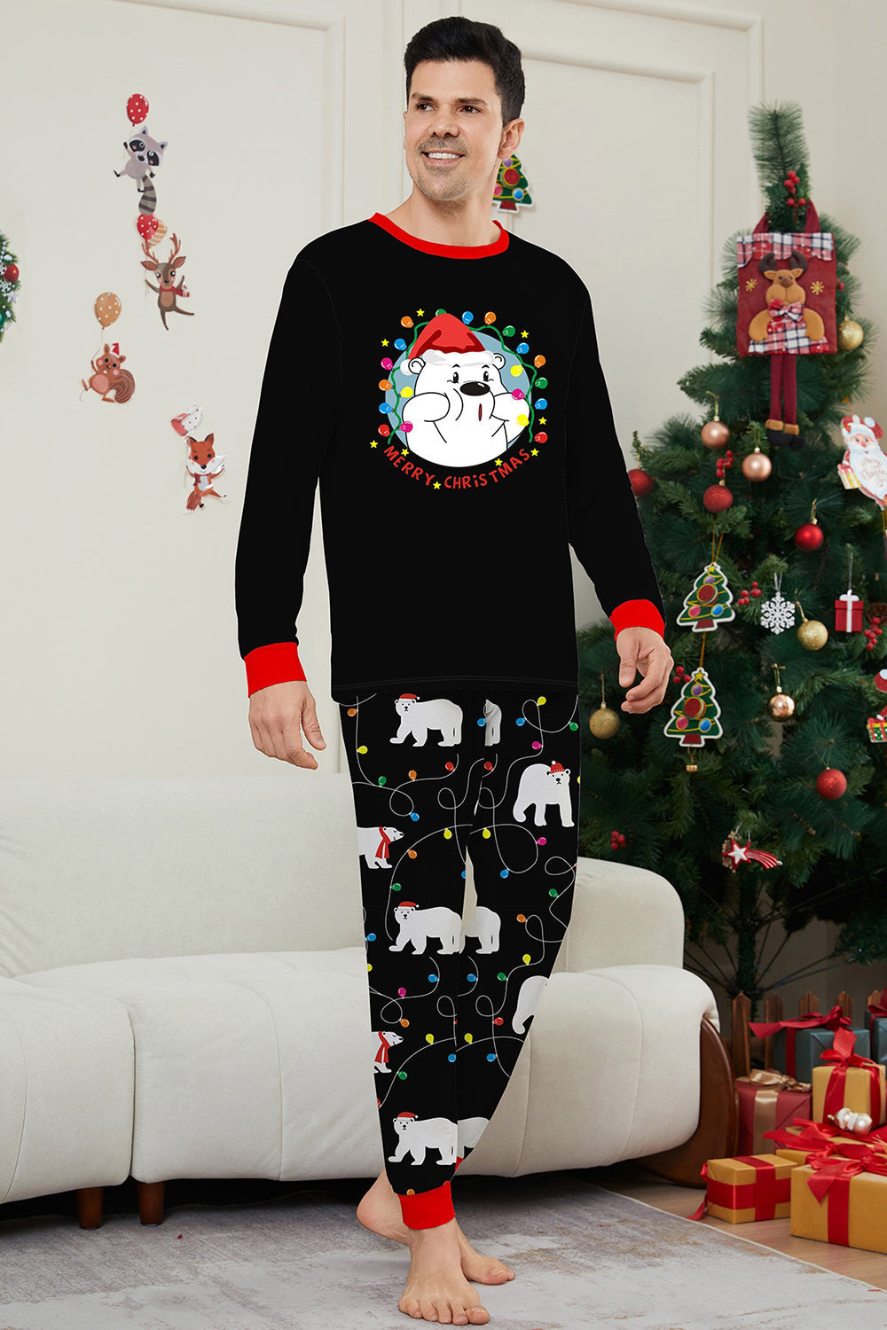 Black Long Sleeve Pear Pattern Matching Family Pajamas