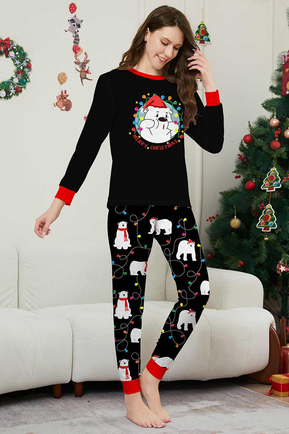 Black Long Sleeve Pear Pattern Matching Family Pajamas