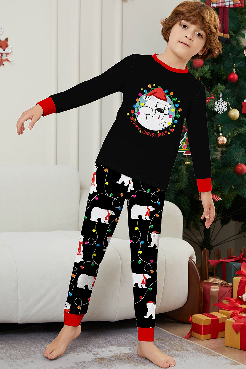 Black Long Sleeve Pear Pattern Matching Family Pajamas