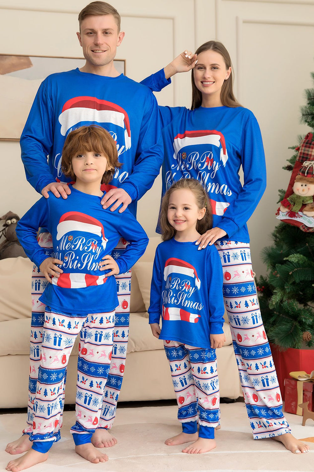 Blue Printed Long Sleeve Christmas Pajamas Set