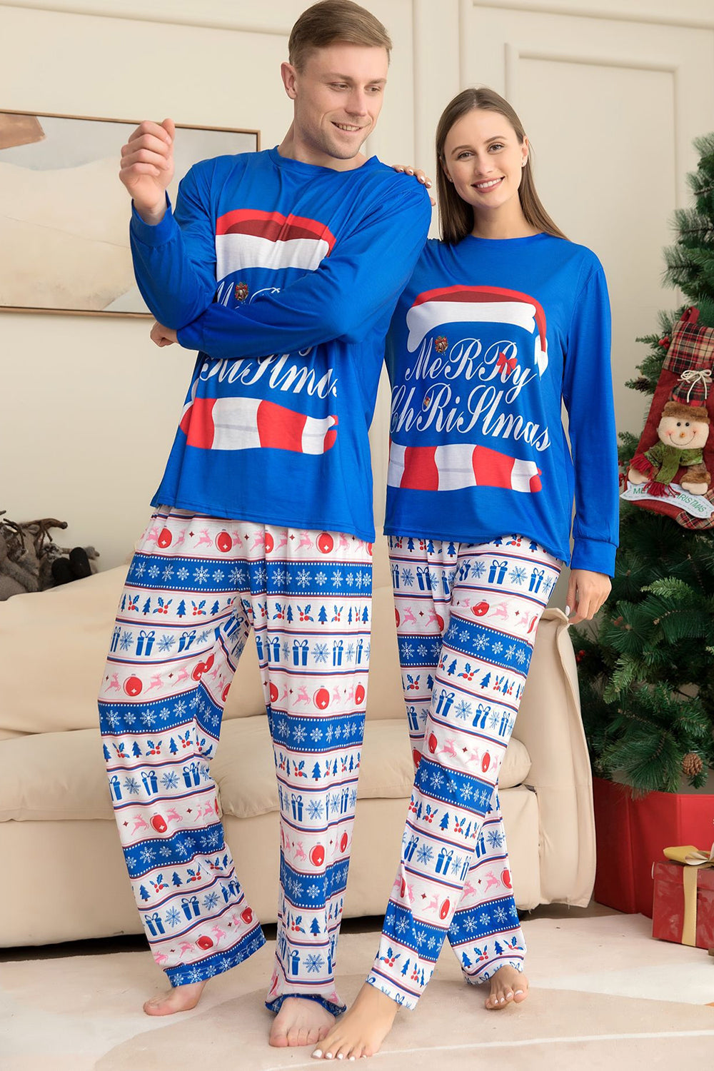 Blue Printed Long Sleeve Christmas Pajamas Set