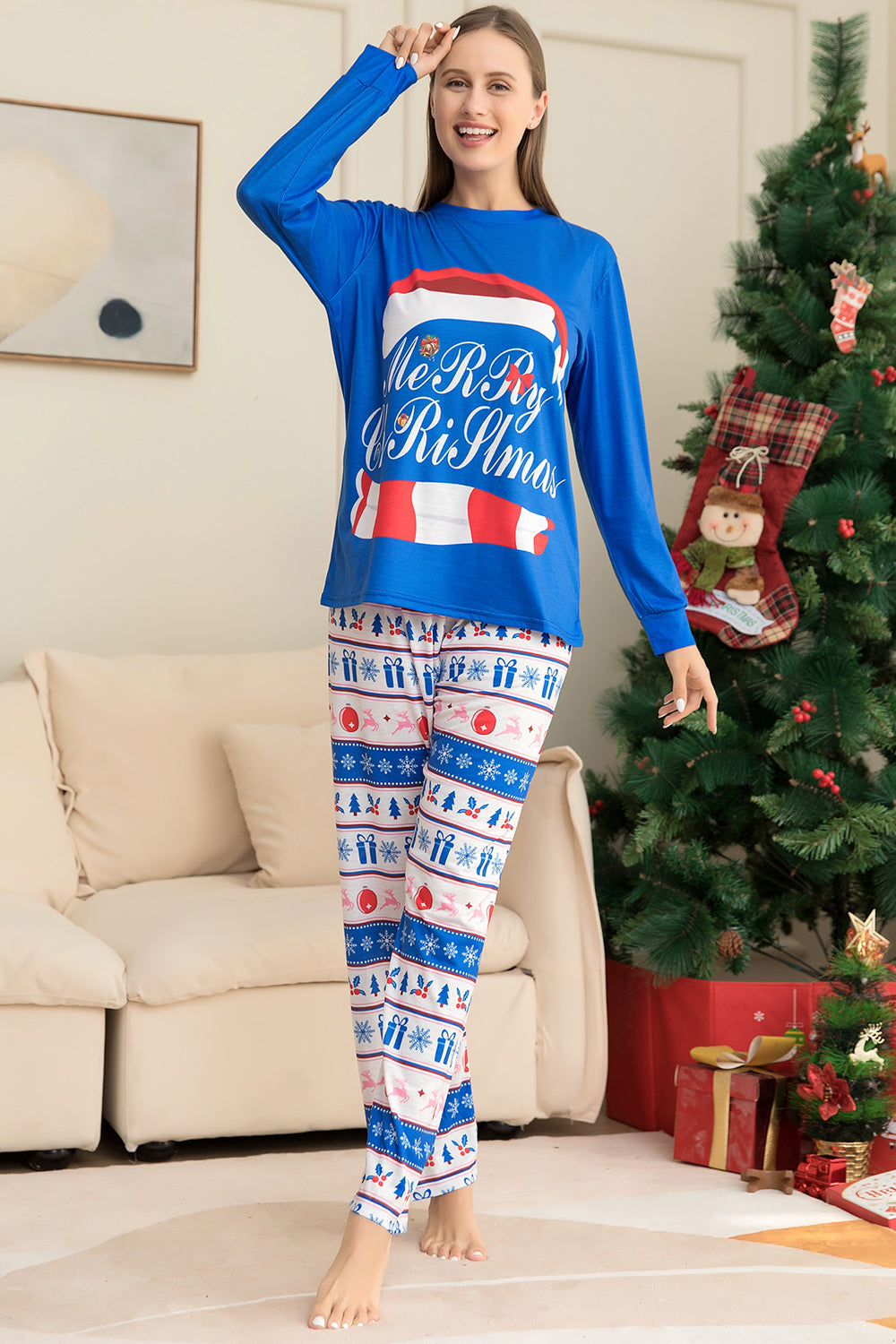 Blue Printed Long Sleeve Christmas Pajamas Set
