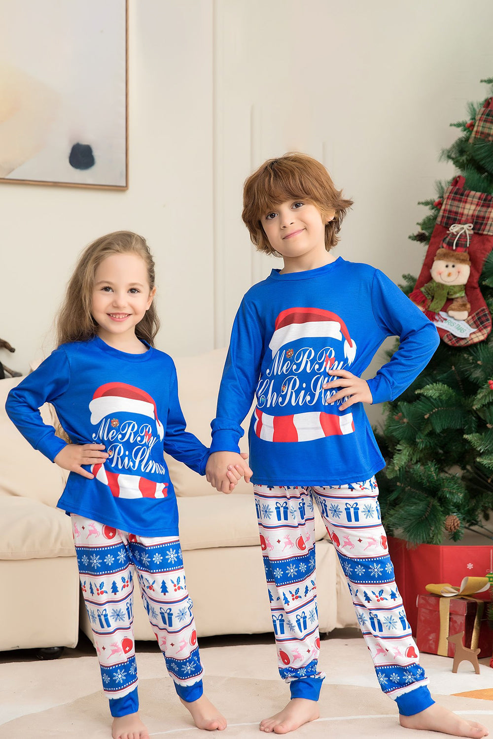 Blue Printed Long Sleeve Christmas Pajamas Set