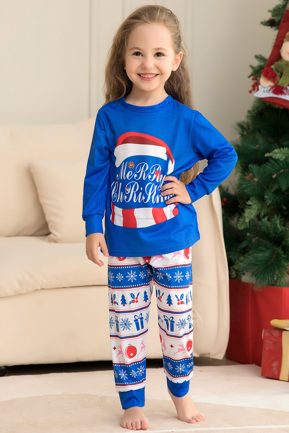 Blue Printed Long Sleeve Christmas Pajamas Set