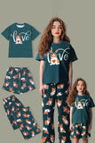 Dark Green Dog Printed Short Sleeve Matching Family Pajamas