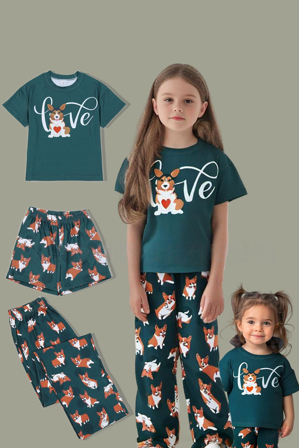 Dark Green Dog Printed Short Sleeve Matching Family Pajamas
