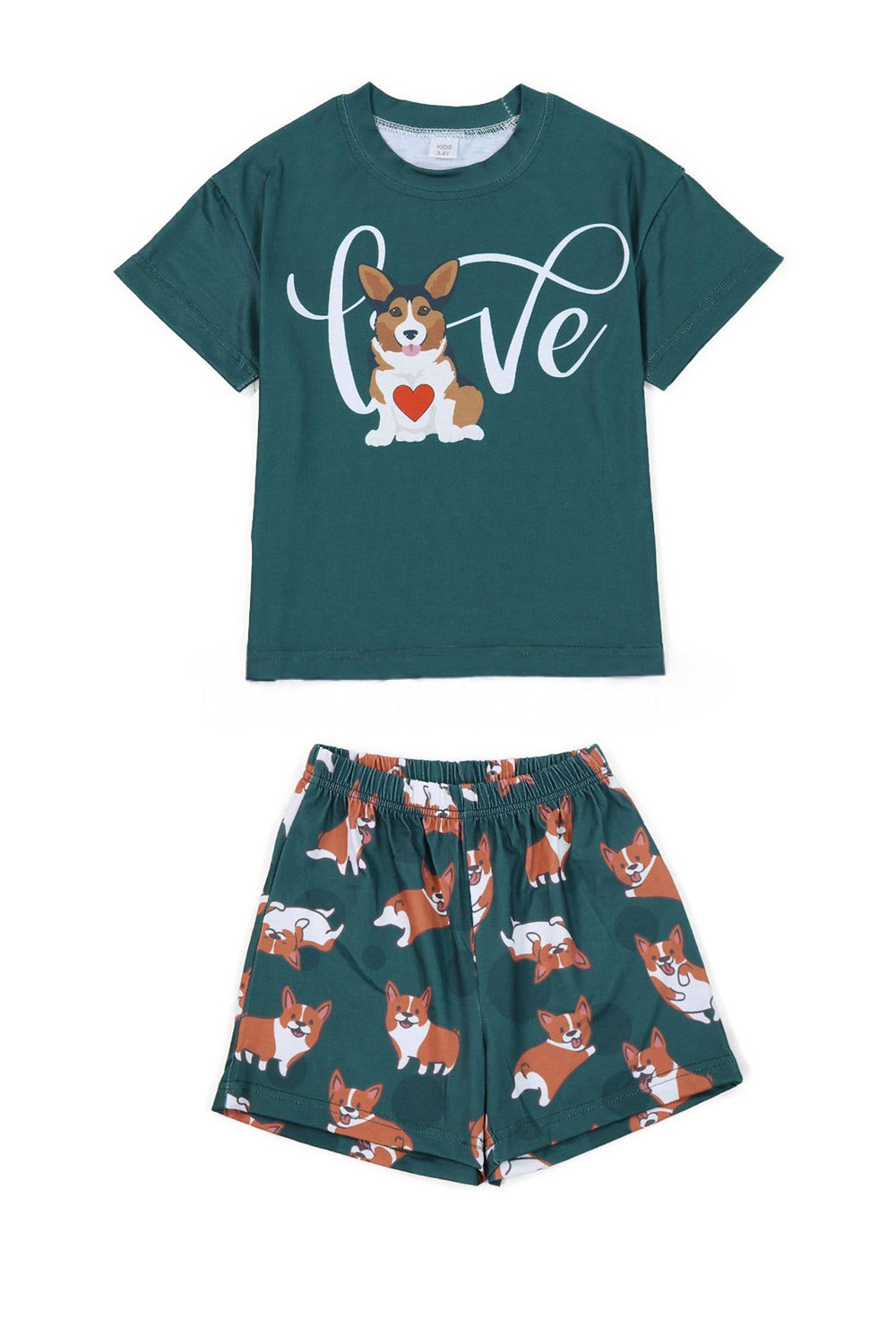 Dark Green Dog Printed Short Sleeve Matching Family Pajamas