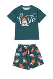 Dark Green Dog Printed Short Sleeve Matching Family Pajamas