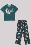 Dark Green Dog Printed Short Sleeve Matching Family Pajamas