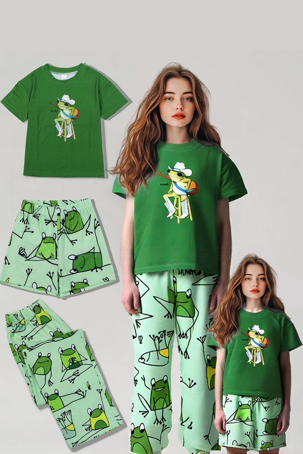 Green Frog Printed Short Sleeve Matching Family Pajamas