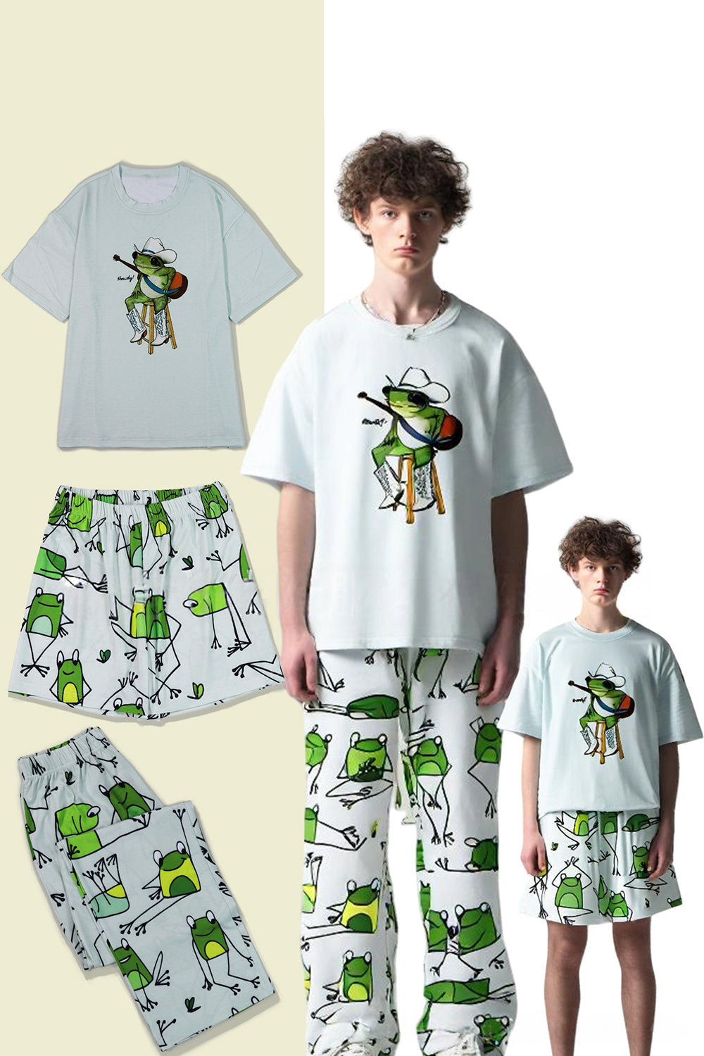 Light Green Cute Animal Print Short Sleeve Matching Family Pajamas